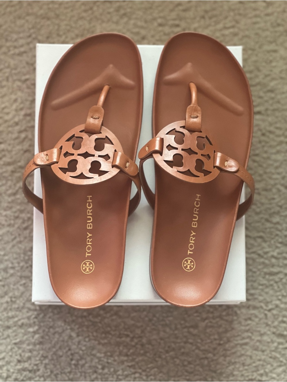 Tory Burch Tan Leather Logo Thong Sandals
